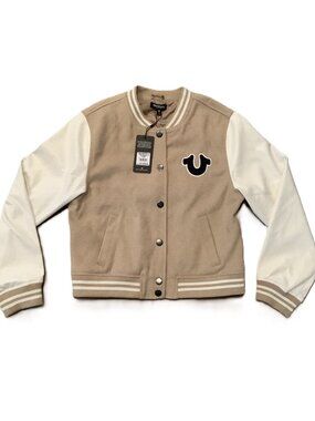 New Women's True Religion True Team Varsity Jacket Size L Travertine MSRP $239